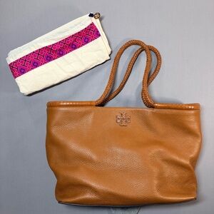 LIKE NEW Tory Burch Taylor Tote, Desert Spice, Pebbled Leather, Braided Handles